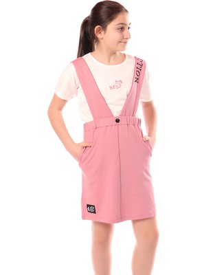 Toontoy Kız Çocuk Bisiklet Yaka Basic T-Shirt ve Askılı Cepli Nakış Baskılı Salopet Elbise - 2'li Takım
