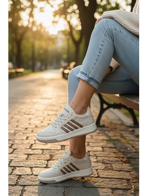 Enoch Kadın Spor Ayakkabı Şeritli Kauçuk Görünümlü Tabanlı Casual Sneaker