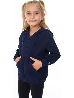 Toontoy Kız Çocuk Kapüşonlu Fermuarlı Cepli Düşük Omuz Nakış Baskılı Örme Hırka - 2 Iplik