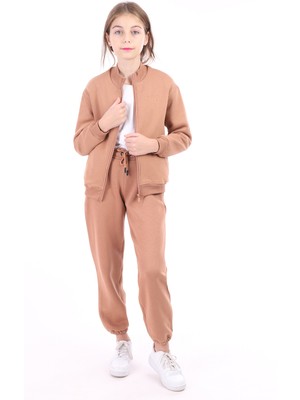 Toontoy Kız Çocuk Kahverengi Dik Yaka Fermuarlı Düşük Omuz Örme Hırka - 2 Iplik Şardonlu