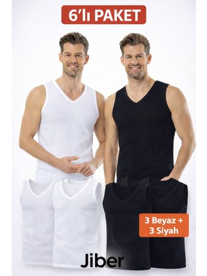 Jiber Erkek V Yaka Sıfır Kol Atlet 6'lı Paket 3 Siyah-3 Beyaz- 123