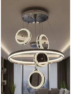 Bohem Aydınlatma Krom Çift Çember 4'lü Sarkıt 3 Renk LED Modern Salon Avizesi