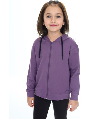 Toontoy Kız Çocuk Kapüşonlu Fermuarlı Cepli Düşük Omuz Nakış Baskılı Örme Hırka - 2 Iplik