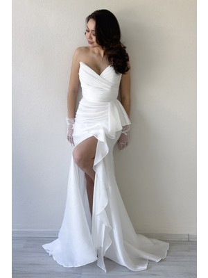 Zks Grup Tekstil-Kadın Straplez Drapeli Sırt Detay Volan Yırtmaçlı Abiye Elbise Siyah, Beyaz, Haki, Pudra