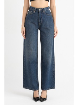 Moviment Indigo Yıkamalı Yüksek Bel Rahat Kesim Wide Leg Kot Pantolon