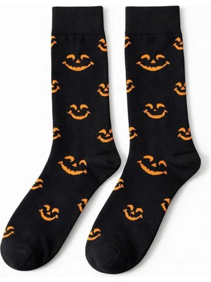 Solde Erkek Pamuklu Günlük Çorap – Gülen Yüz Desenli, Siyah/turuncu Detaylı, Kaliteli