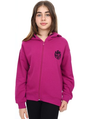 Toontoy Kız Çocuk Kapüşonlu Fermuarlı Düşük Omuz Nakış Baskılı Yırtmaç Detaylı Örme Hırka - 3 Iplik Şardonsuz