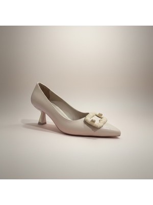 Modayak Zarif Pudra Ince Topuk Sivri Burun Tokalı Topuklu Ayakkabı