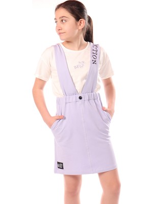Toontoy Kız Çocuk Bisiklet Yaka Basic T-Shirt ve Askılı Cepli Nakış Baskılı Salopet Elbise - 2'li Takım