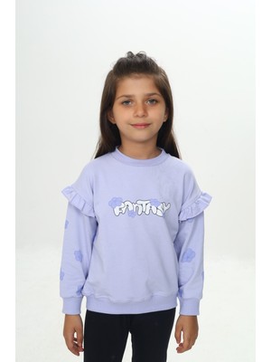 Toontoy Kız Çocuk Relax Fit Bisiklet Yaka Düşük Omuz Baskılı Sweatshirt - Kolu Fırfırlı & 2 Iplik