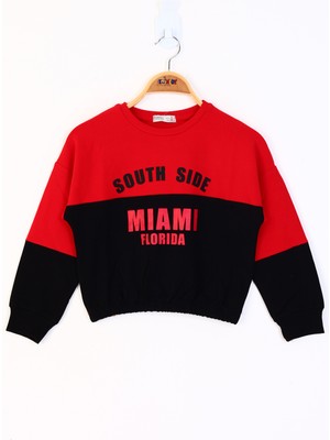 Toontoy Kız Çocuk Relax Fit Bisiklet Yaka Düşük Omuz Baskılı Renk Bloklu Sweatshirt - 2 Iplik