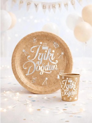 Parti Adresi Iyi Ki Doğdun Yazılı Doğum Günü Parti Tabak Bardak Set Gümüş Kraft 8'li