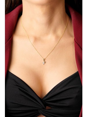 Fiyonk Kuyumculuk 14 Ayar Altın Işıltılı Minik Ikili Taşlı Yıldız Singapur Zincirli Kolye