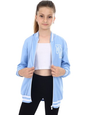 Toontoy Kız Çocuk Kolej Yaka Fermuarlı Düşük Omuz Baskılı Örme Hırka - 2 Iplik