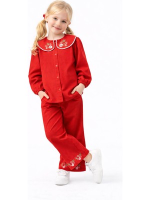Rapapa Kız Çocuk Nakış Detaylı Gömlek Yaka İkili Takım – Uzun Kollu Pantolonlu Şık Kombin 2940-K