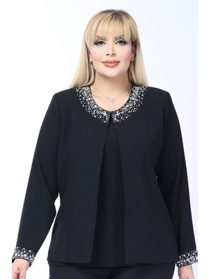 Ladies First Büyük Beden 4049 Siyah Ceket+Bluz Takım