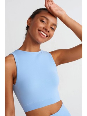 COMEUP Kadın Crop Top Alice Mavi Göğüs Pedli Rib Dokulu Kolsuz Bisiklet Yaka M Kalıp