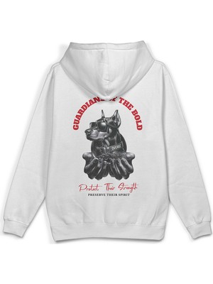 Overoz Doberman Köpek Sırt Baskılı Kapüşonlu Yarı Oversize Unisex Sweatshirt Beyaz Hoodie 1193