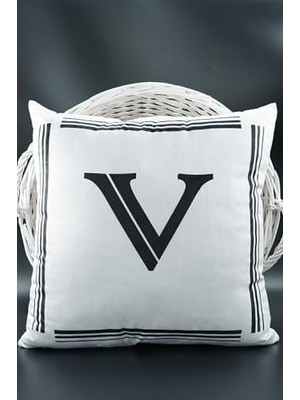 Skygo Harfli Kırlent Kılıfı Kadife 43X43 cm Çift Taraflı V Harfi Kedi Desenli Evlilik Teklifi Doğum Günü