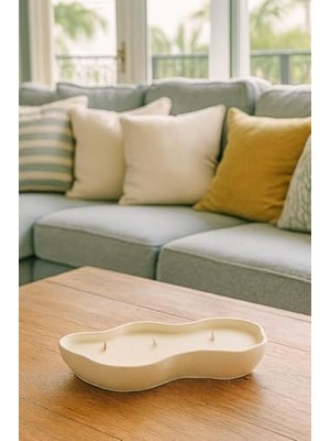 Skygo Dalgalı Kenarlı Kapta Üç Ahşap Fitilli El Yapımı Dekoratif Mum Kokulu Soya Mumu