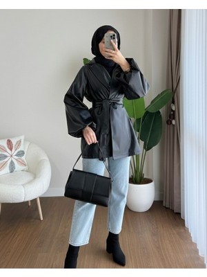 Modamorfo Balon Kol Kemerli Deri Ceket -Siyah