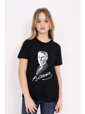 Toontoy Unisex Atatürk Baskılı Bisiklet Yaka Kısa Kollu Tişört