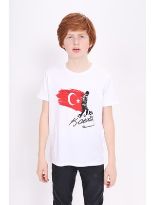 Toontoy Unisex Atatürk Baskılı Bisiklet Yaka Kısa Kollu Tişört