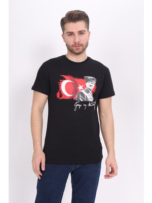 Toontoy Unisex Atatürk Baskılı Bisiklet Yaka Kısa Kollu Tişört