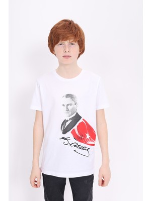 Toontoy Unisex Atatürk Baskılı Bisiklet Yaka Kısa Kollu Tişört