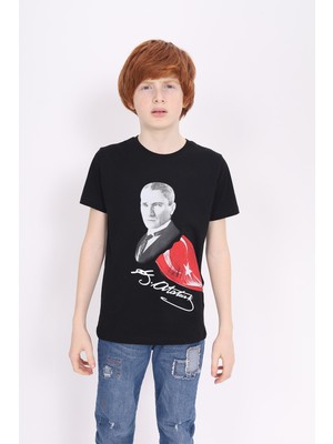 Toontoy Unisex Atatürk Baskılı Bisiklet Yaka Kısa Kollu Tişört