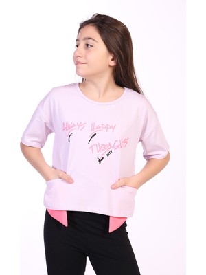 Toontoy Kız Çocuk Baskılı Bisiklet Yaka Kısa Kollu Asimetrik Tişört