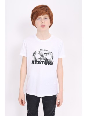 Toontoy Unisex Atatürk Baskılı Bisiklet Yaka Kısa Kollu Tişört