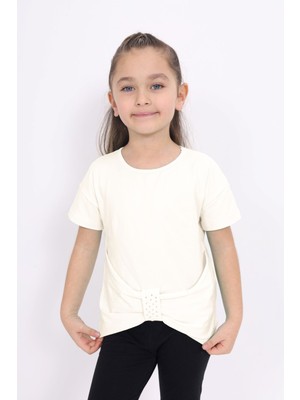 Toontoy Kız Çocuk Bisiklet Yaka Kısa Kollu Drapeli Taşlı Tişört
