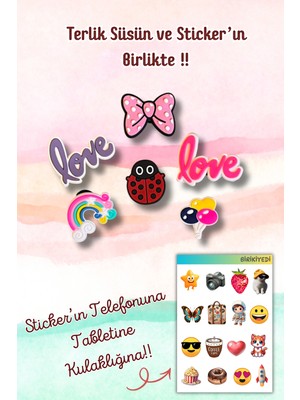 Birikiyedi 6'lı Jibbitz Terlik Süsüpembe Kurdele,uğur Böceği,ruj,balon,love
