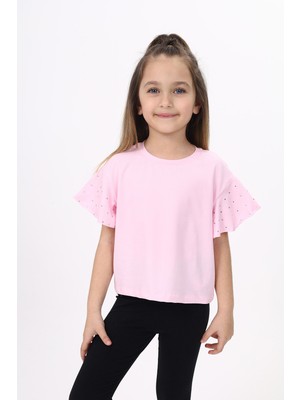 Toontoy Kız Çocuk Baskılı Bisiklet Yaka Kolu Volanlı Tişört
