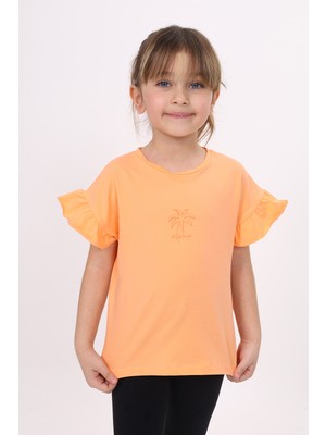 Toontoy Kız Çocuk Baskılı Bisiklet Yaka Kolu Fırfırlı Tişört