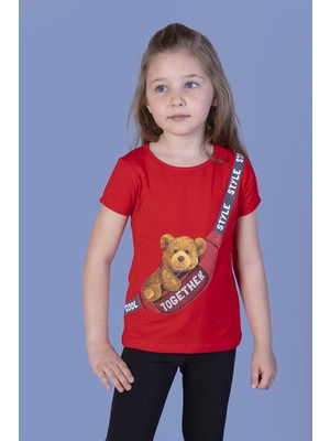 Toontoy Kız Çocuk Baskılı Bisiklet Yaka Kısa Kollu Tişört