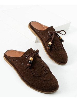 Dicle Polat Kadın Kahve Süet  Sabo Terlik Püsküllü Boncuk Detaylı Rahat Günlük Yazlık Loafer Terlik Juana