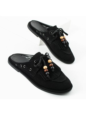 Dicle Polat Kadın Siyah Süet  Sabo Terlik Püsküllü Boncuk Detaylı Rahat Günlük Yazlık Loafer Terlik Juana