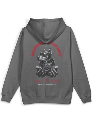 Overoz Doberman Köpek Sırt Baskılı Kapüşonlu Yarı Oversize Unisex Sweatshirt Gri Hoodie 1193