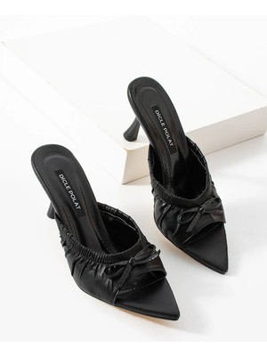 Kadın Siyah Büzgülü Fiyonk Detaylı Sivri Burun Şık Topuklu Terlik Lensa