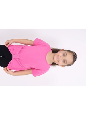 Toontoy Kız Çocuk Bisiklet Yaka Kısa Kollu Drapeli Taşlı Tişört