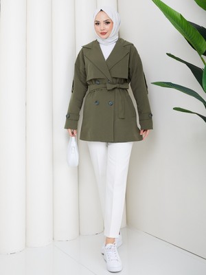 Zennyamoda Kadın Haki Keten Kolu Düğmeli Kuşak Detaylı Trençkot