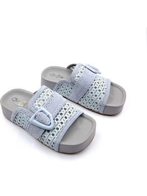Guja G26Y454 Özel Tasarım Süet Deri ve Hasır Örgü Detaylı Kadın Açık Mavi Konfor Terlik