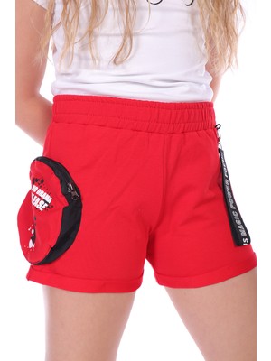 Toontoy Kız Çocuk Baskılı Beli Lastikli Torba Cepli Basic Şort - Şerit Detaylı