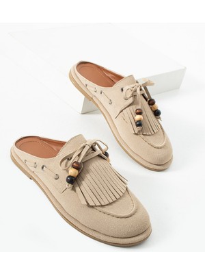 Dicle Polat Kadın Bej Süet  Sabo Terlik Püsküllü Boncuk Detaylı Rahat Günlük Yazlık Loafer Terlik Juana