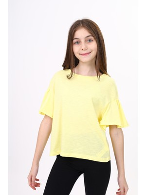 Toontoy Kız Çocuk Bisiklet Yaka Kısa Kolu Büzgülü Tişört