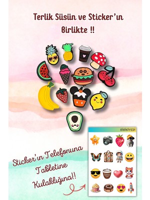 Birikiyedi 13'lü Jibbitz Terlik Süsü Meyveler,muz,dondurma,mantar,kahve,karpuz