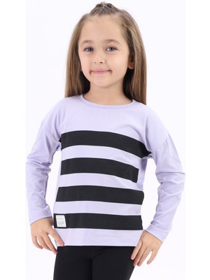 Toontoy Kız Çocuk Baskılı Bisiklet Yaka Uzun Kollu Çizgili Tişört