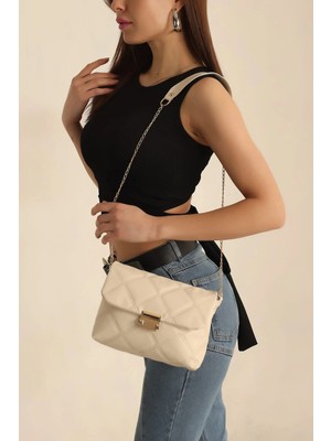 BAG&MORE Krem Kadın Kapitone Desenli Zincir Askılı Omuz Çantası